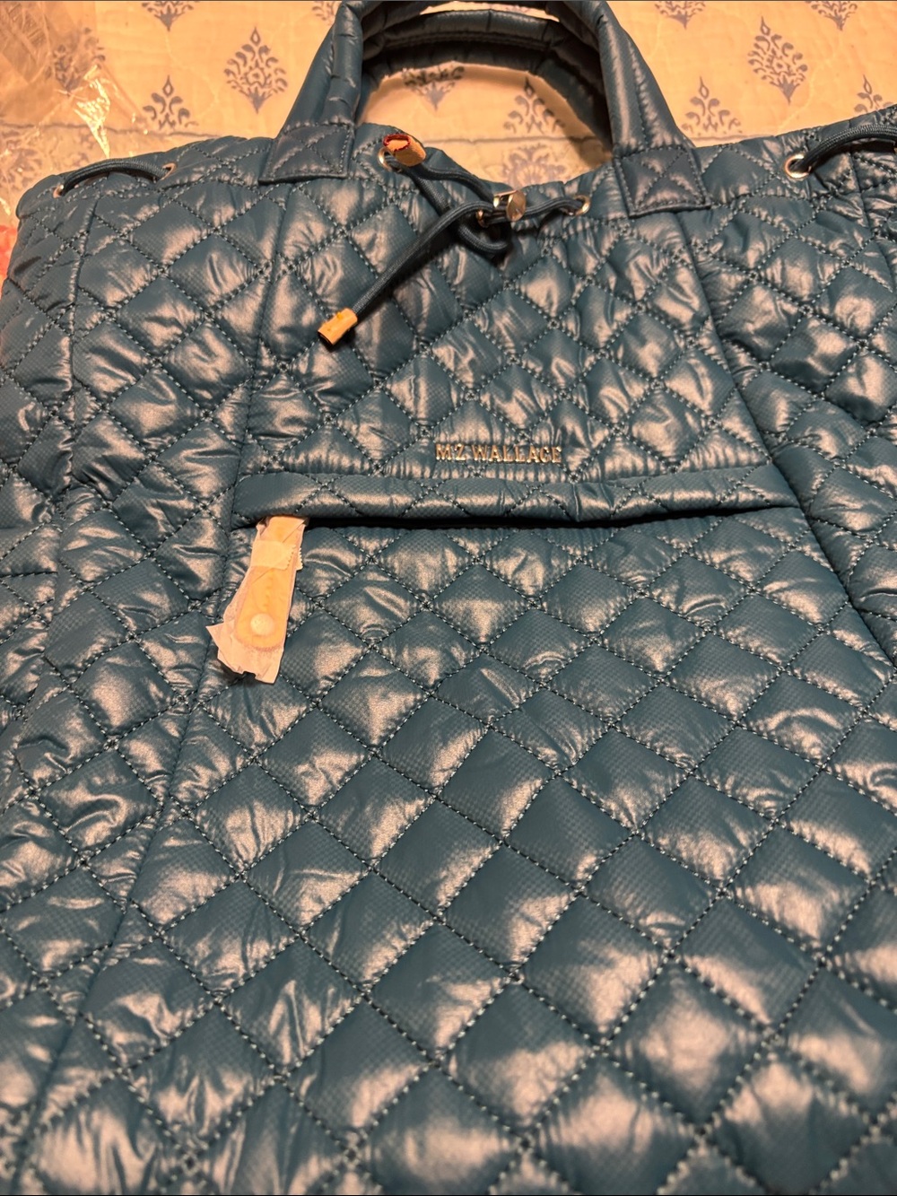 MZ Wallace Quilted Nylon Tote Bag Teal Blue